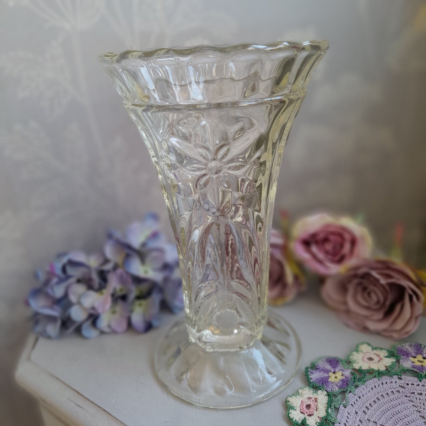 Sowerby Art Deco Heavy Clear Glass Vase With Flower Design