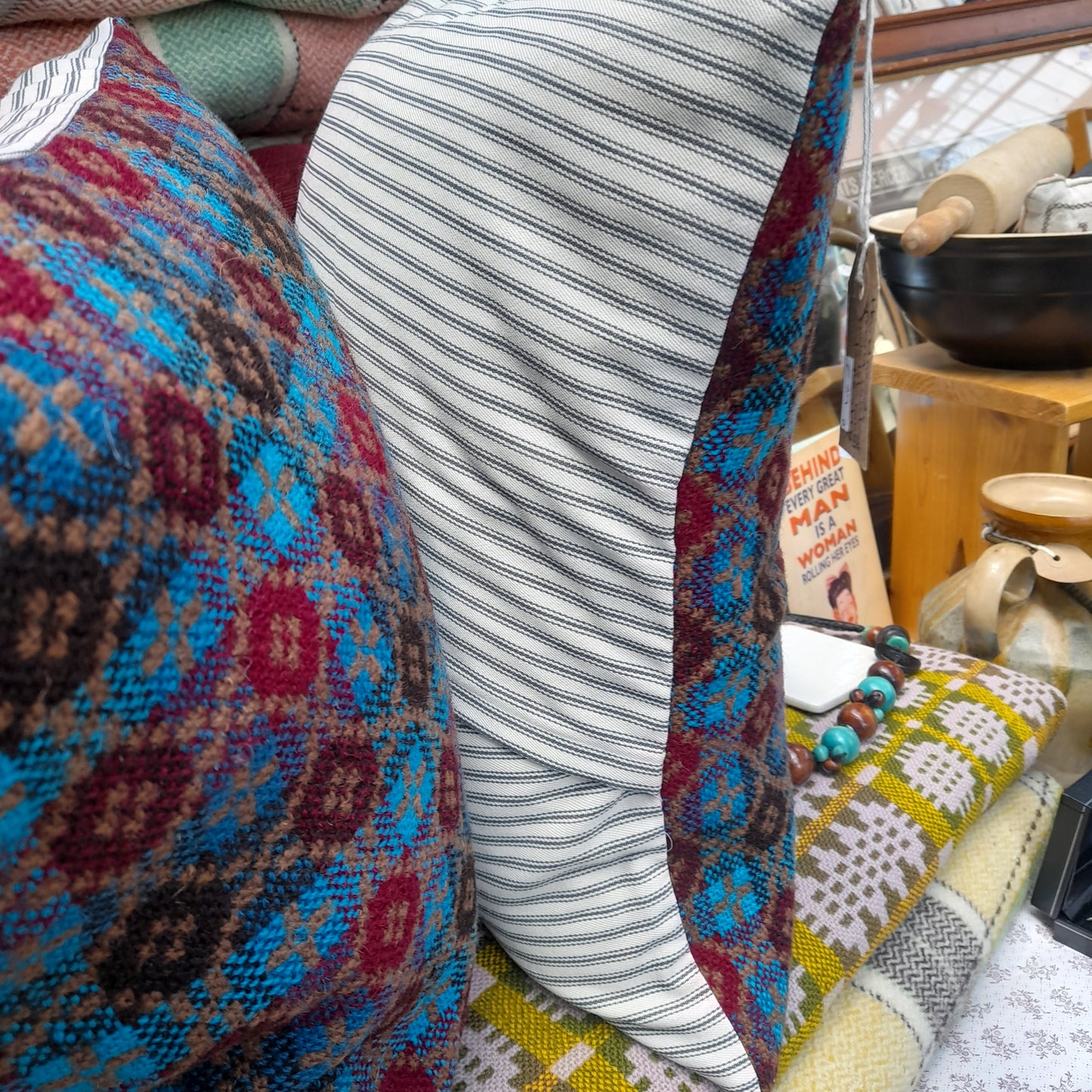 Pair of Welsh Tapestry Cushions in Teal & Burgundy 18"