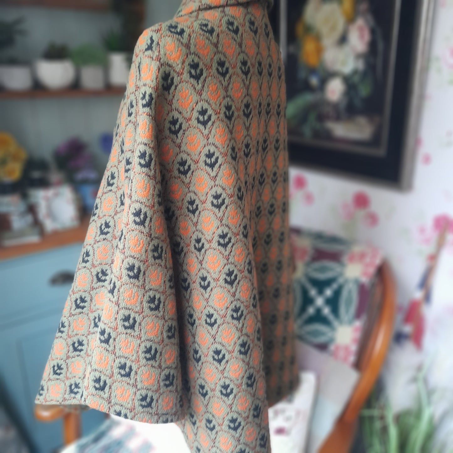 Vintage Welsh Tapestry Cape in Olive Green Black & Orange Tulip Design by Brynkir Mill