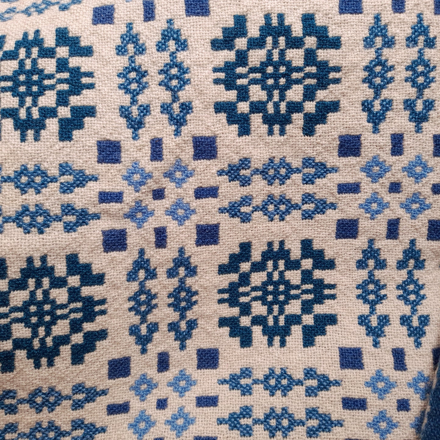Pair of Welsh Tapestry Blankets in Navy Sky Blue & White
