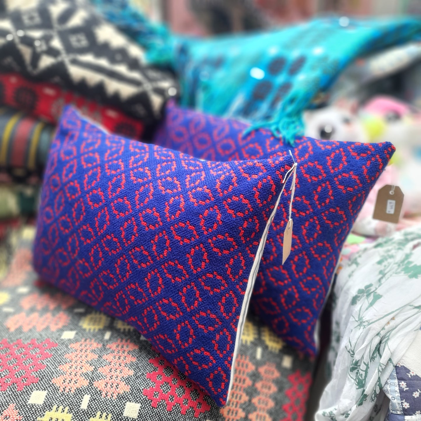 Pair of Cushions in Navy Blue & Red Handmade from Vintage Welsh Tapestry 14" x 18"