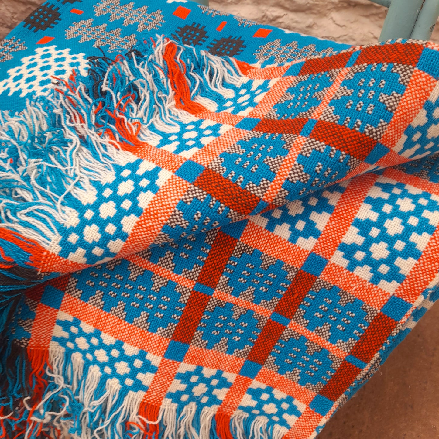 Vintage Welsh Tapestry Blanket in Turquoise Black Orange & White