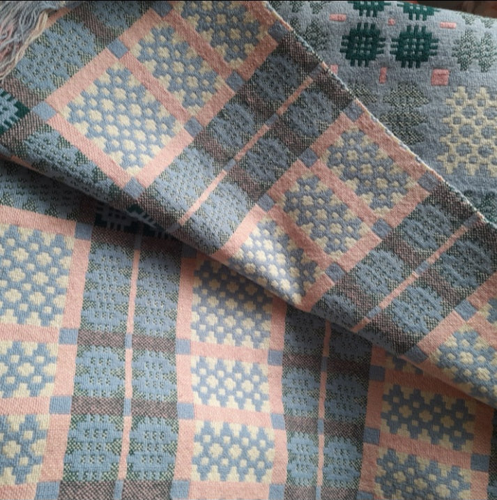 Vintage Welsh Tapestry Blanket in Pale Blue Green White & a Pop of Pink