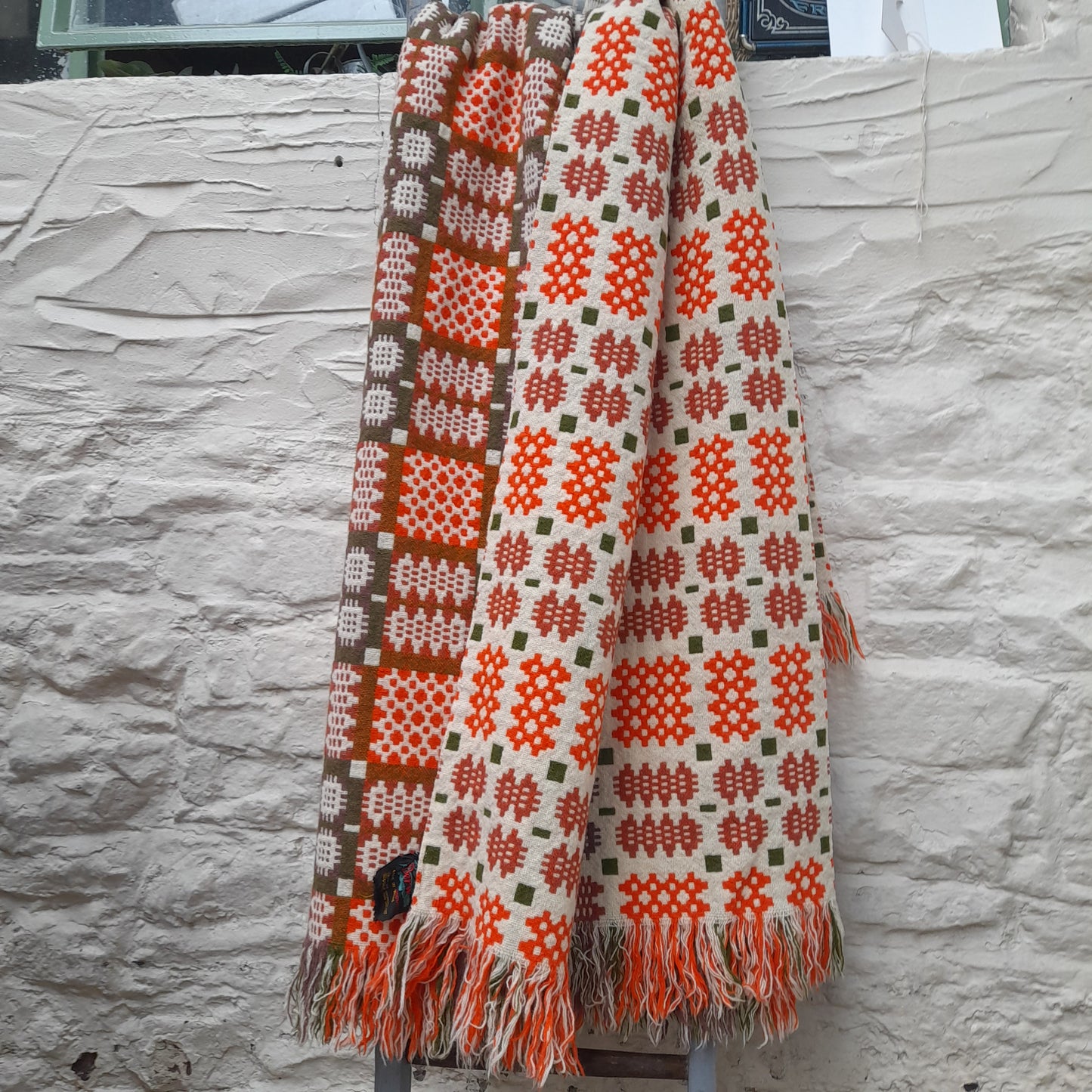 Vintage Welsh Tapestry Blanket in Cream Orange & Olive Green by Derw Mill