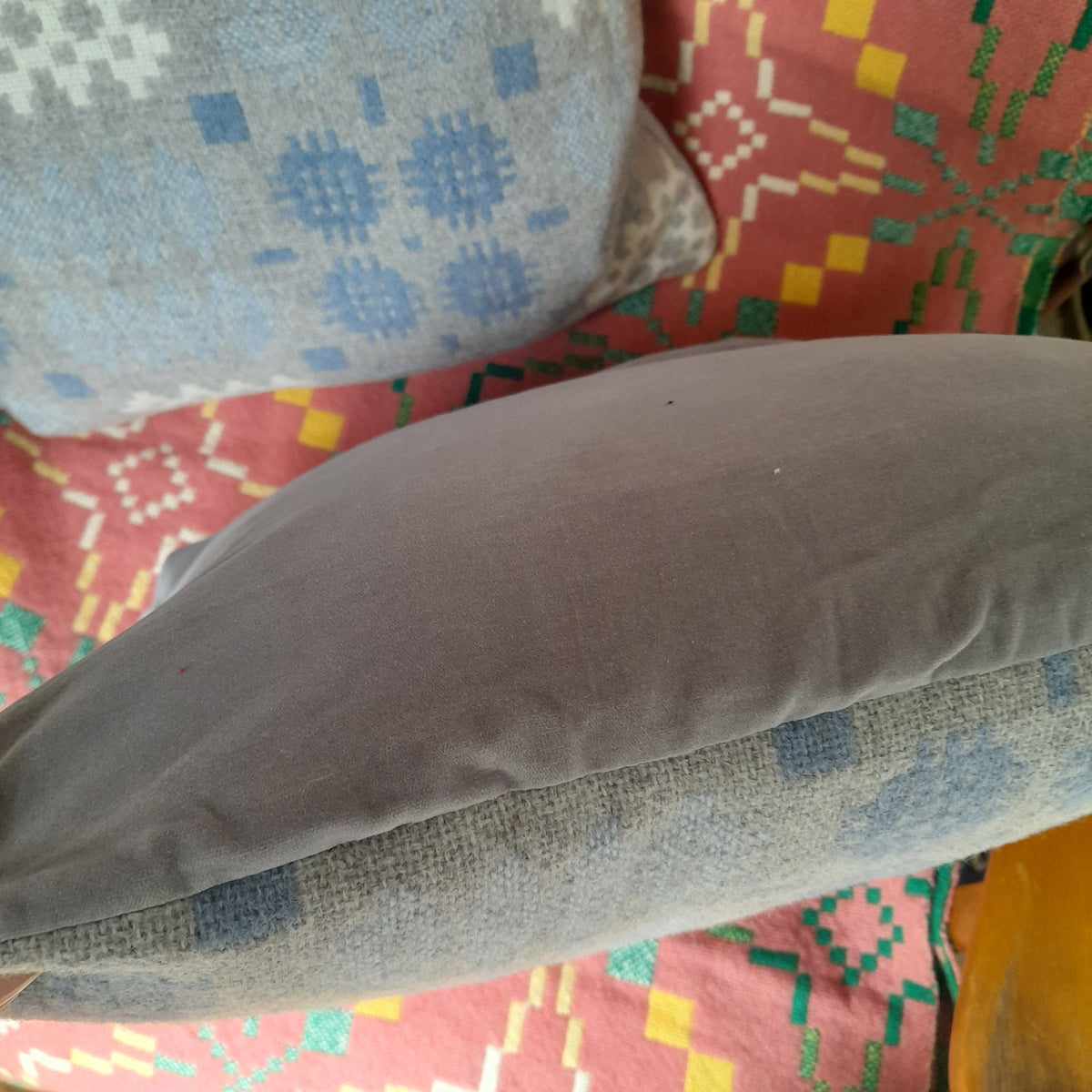 Pair of Welsh Tapestry Blanket Cushions in Pale Blue Grey & White Limited Edition 18" x 12"
