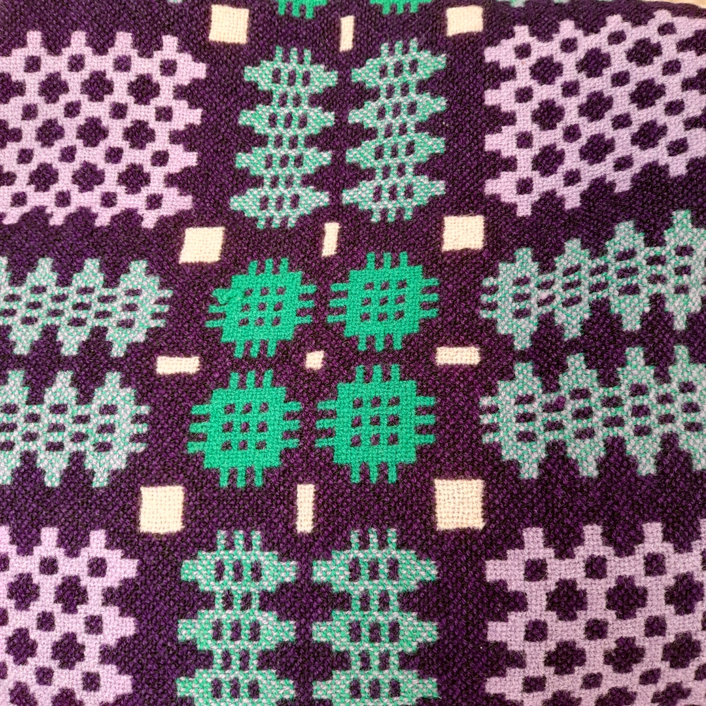 Vintage Welsh Tapestry Blanket in Purple Lilac & Teal Green King Size