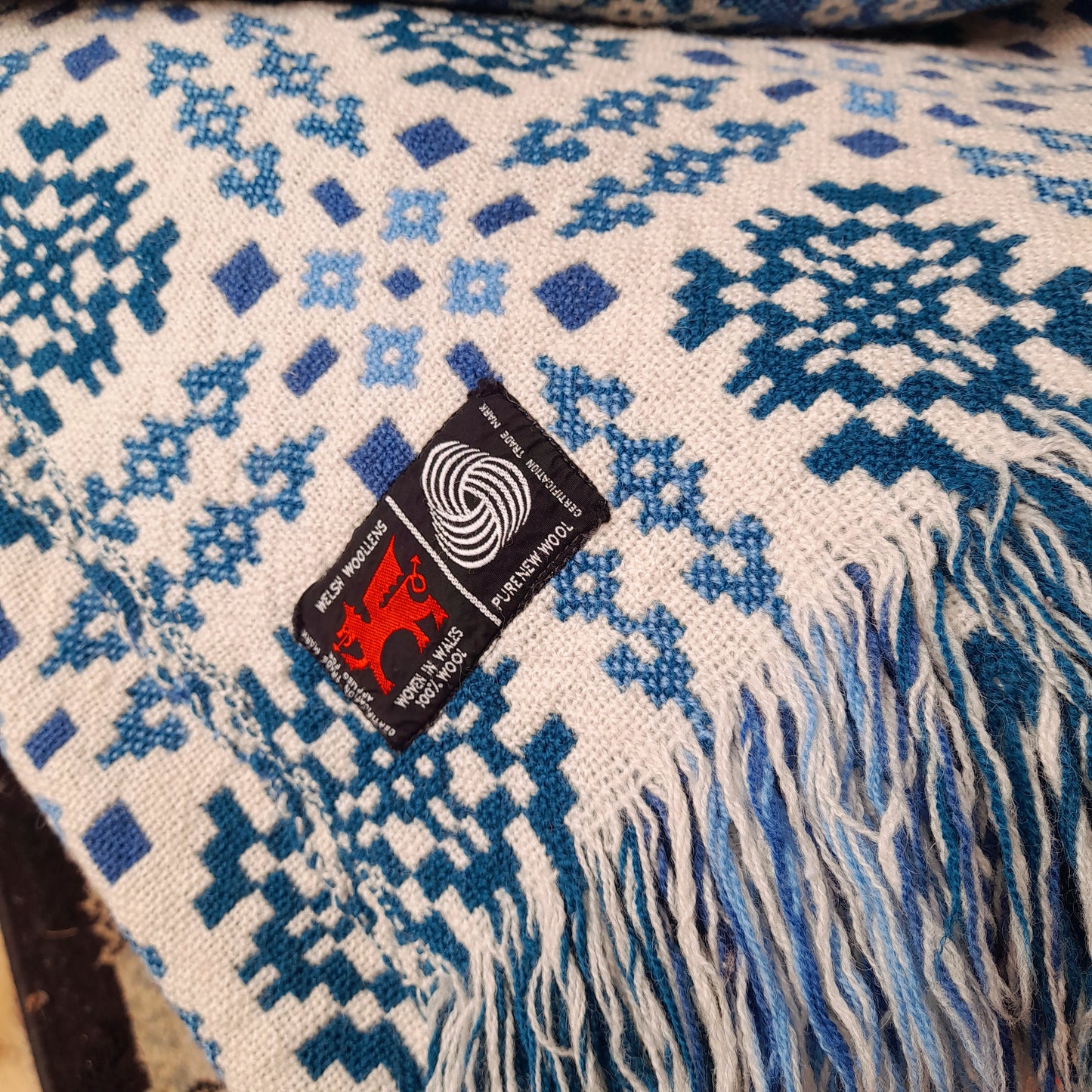 Pair of Welsh Tapestry Blankets in Navy Sky Blue & White