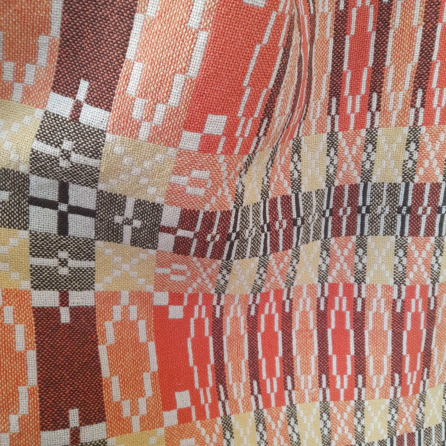 Vintage Welsh Tapestry Blanket in Orange Yellow Brown & Cream Autumn Colours