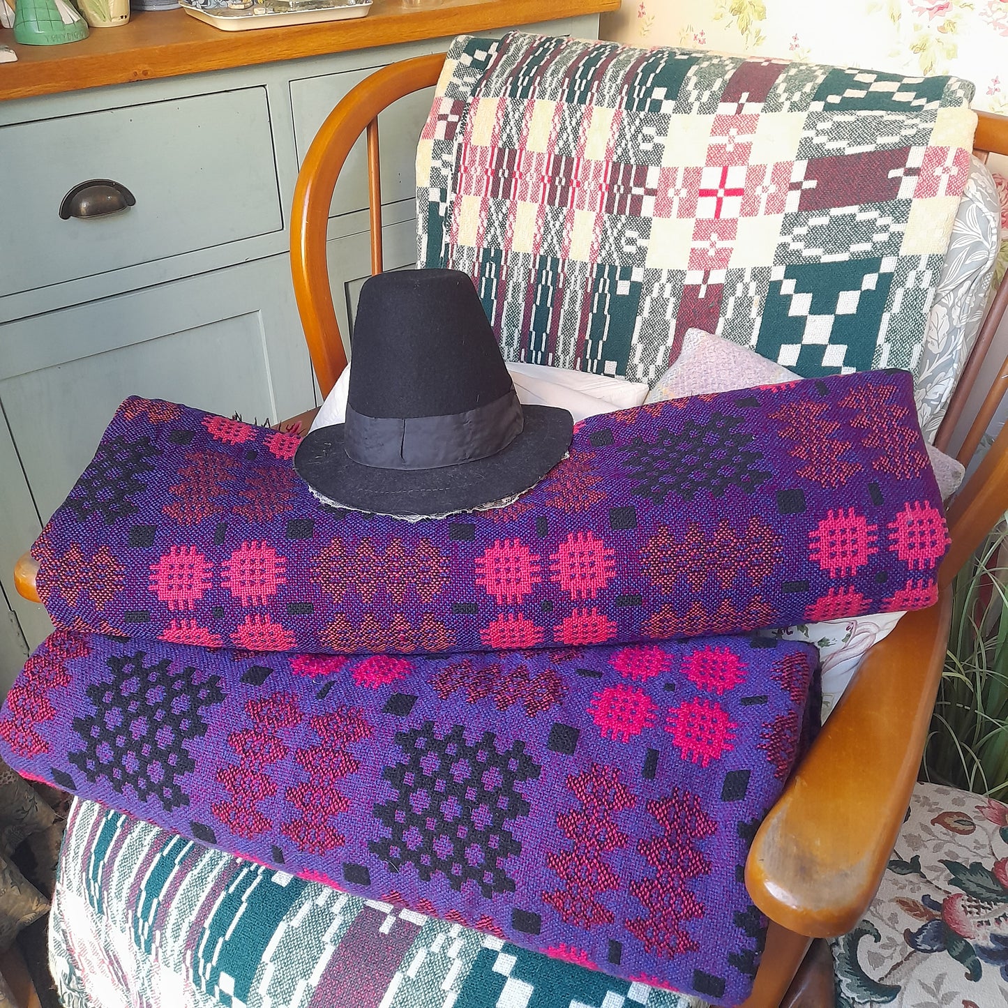 Pair of Welsh Tapestry Blankets in Purple Pink & Black