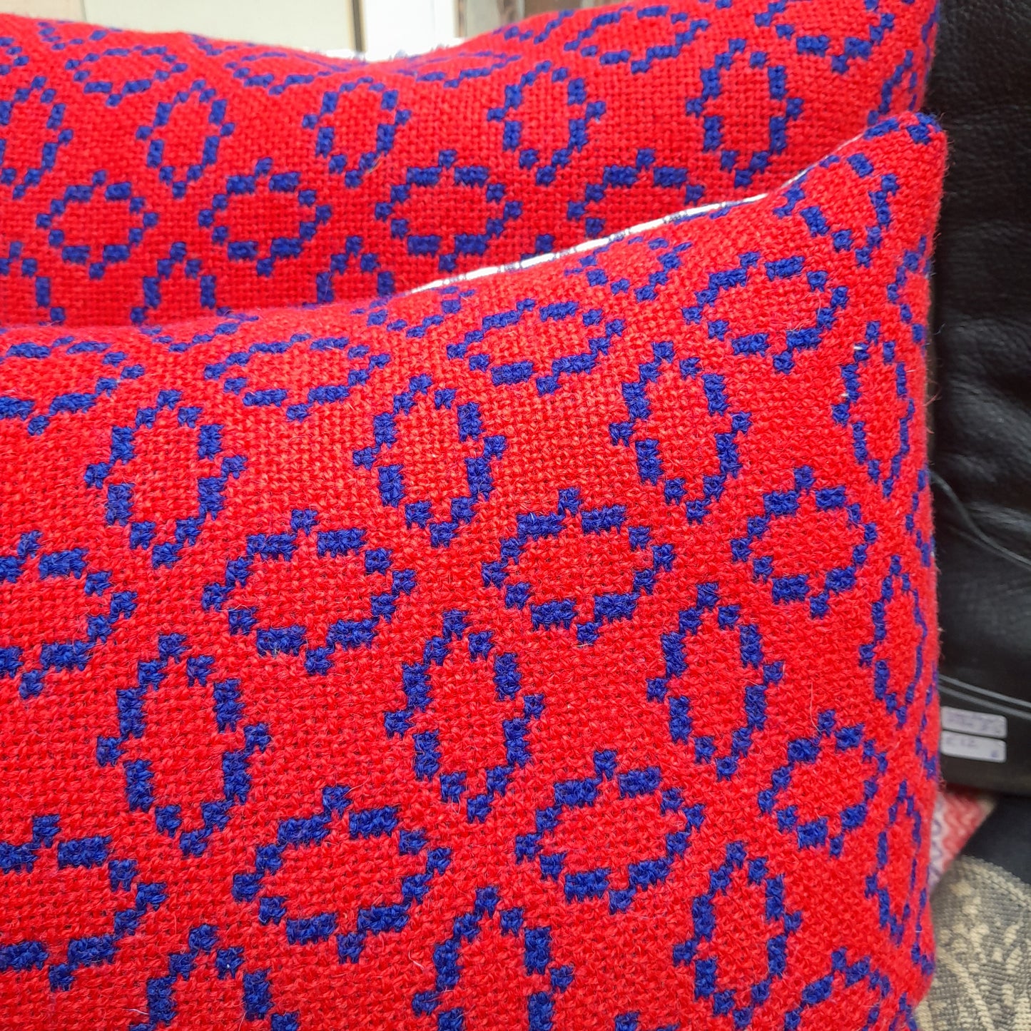 Pair of Cushions in Red & Navy Blue Handmade from Vintage Welsh Tapestry 14" x 18"
