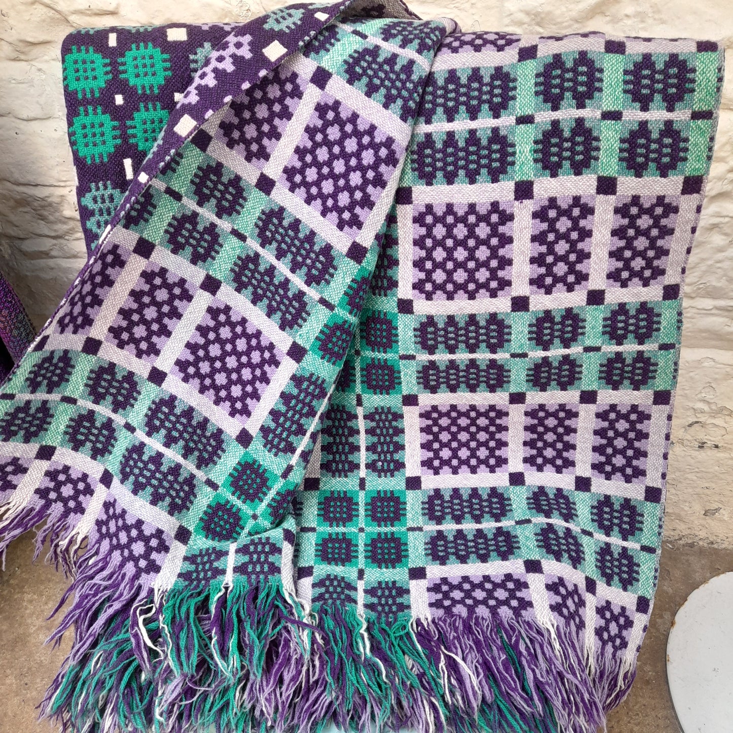 Vintage Welsh Tapestry Blanket in Purple Lilac & Teal Green King Size