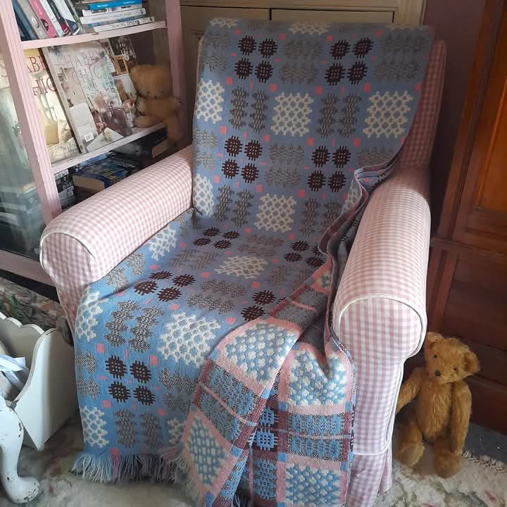 Welsh Tapestry Blanket in Pale Blue White Browny Burgundy & Pink King Size