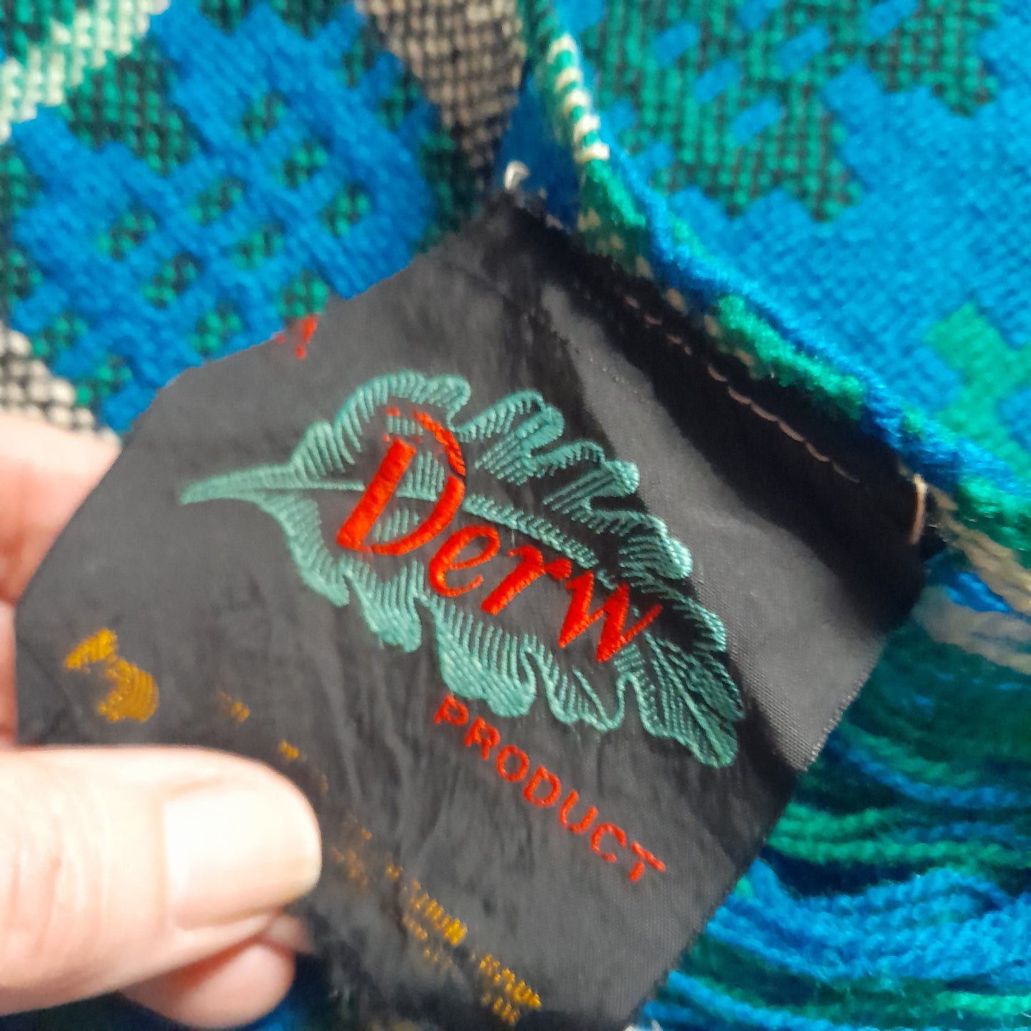 Vintage Welsh Tapestry Blanket in Cobalt Blue Green White & Black