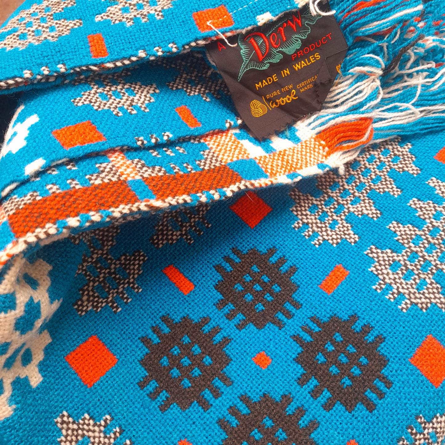 Vintage Welsh Tapestry Blanket in Turquoise Black Orange & White
