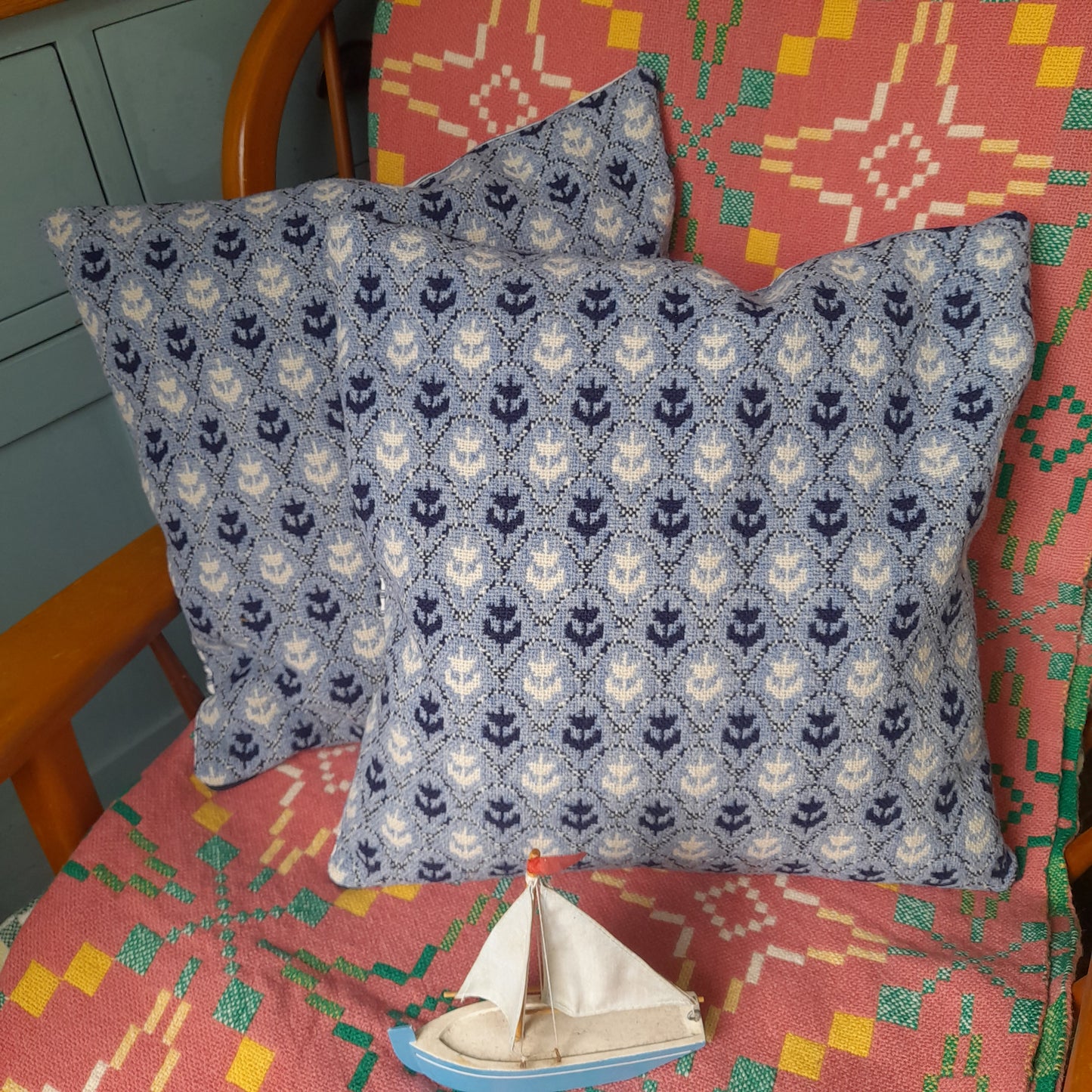 PAIR of Cushions in Navy, Blue & White Made From Vintage Welsh Tapestry 'Tulip' Fabric by Brynkir Woollen Mill 18"