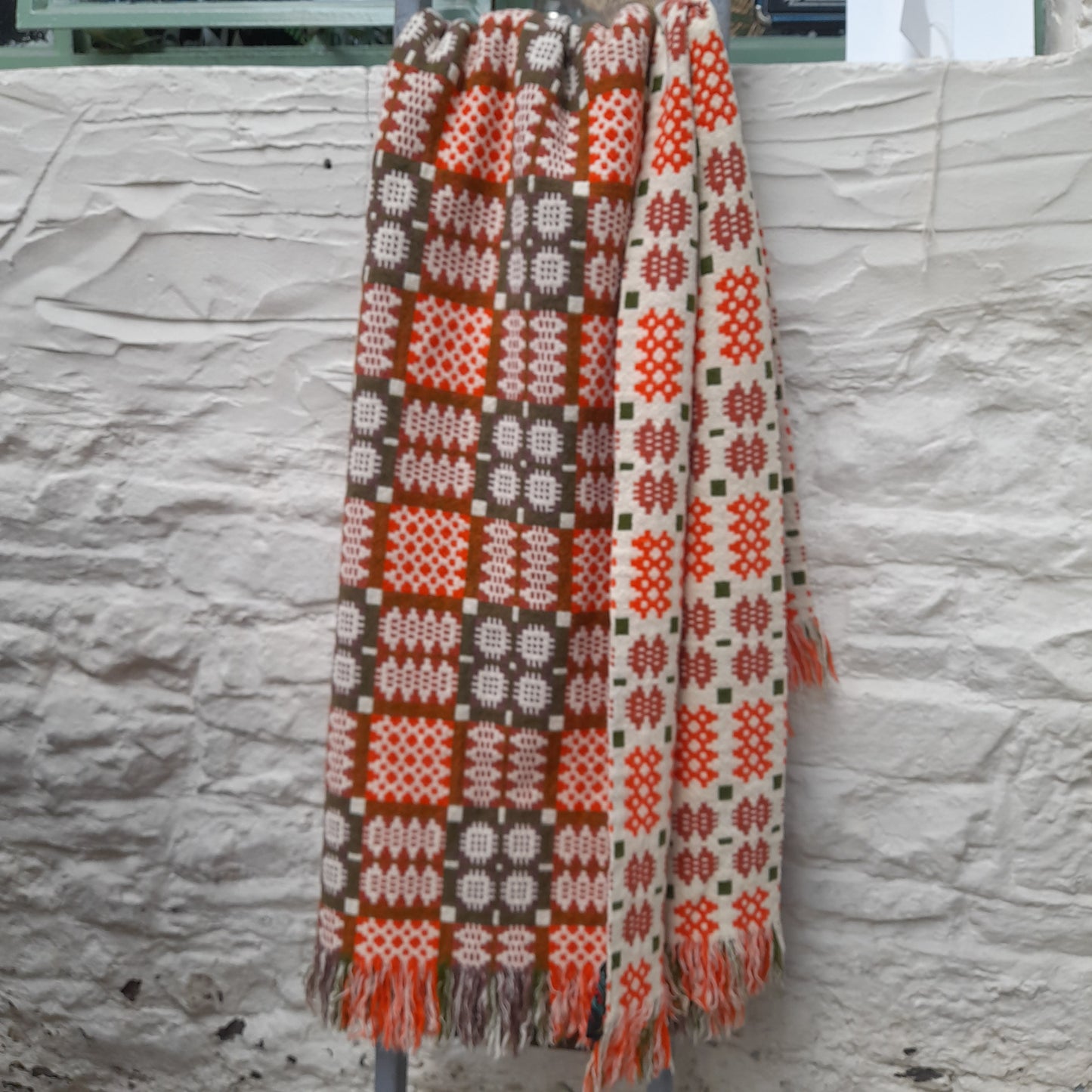 Vintage Welsh Tapestry Blanket in Cream Orange & Olive Green by Derw Mill