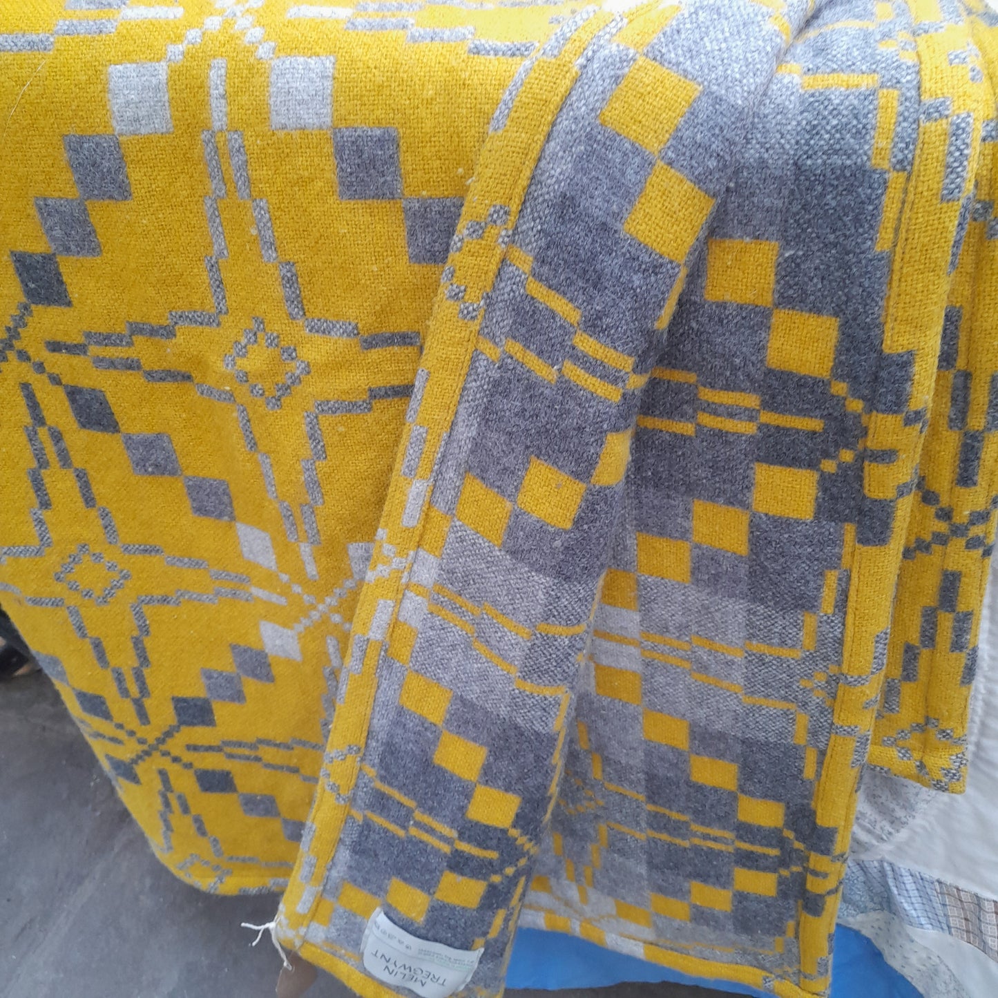 Melin Tregwynt Welsh Tapestry Blanket in Mustard & Grey in 'Vintage Star' Design