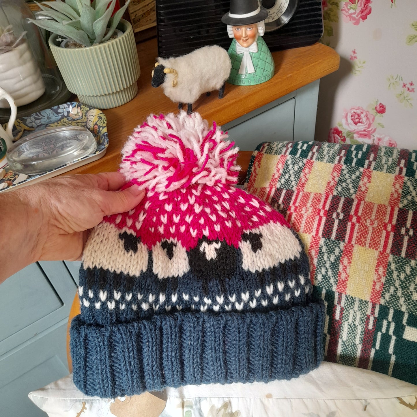 Hand Knit Woollen Sheep Bobble Hat in Pink Navy White & One Black Sheep