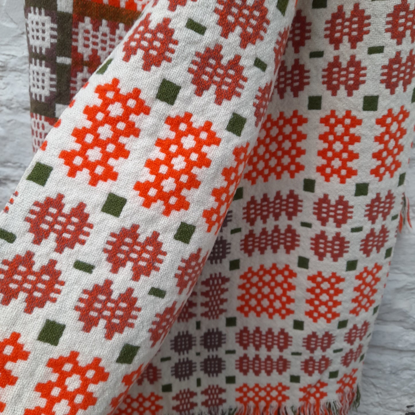 Vintage Welsh Tapestry Blanket in Cream Orange & Olive Green by Derw Mill