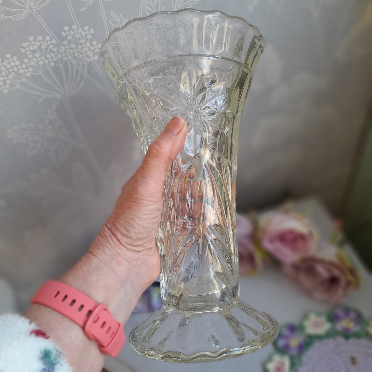 Sowerby Art Deco Heavy Clear Glass Vase With Flower Design