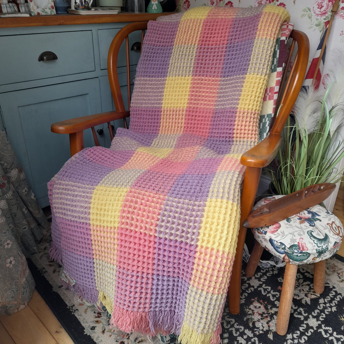 Vintage Welsh Wool Waffle Honeycomb Blanket in Rainbow Pastels Pink Lilac & Lemon Check