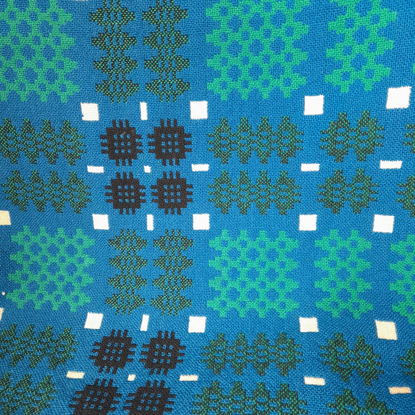 Vintage Welsh Tapestry Blanket in Cobalt Blue Green White & Black