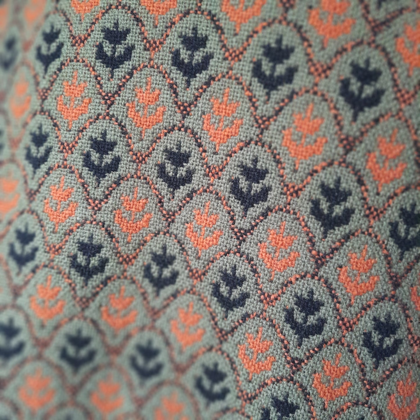 Vintage Welsh Tapestry Cape in Olive Green Black & Orange Tulip Design by Brynkir Mill