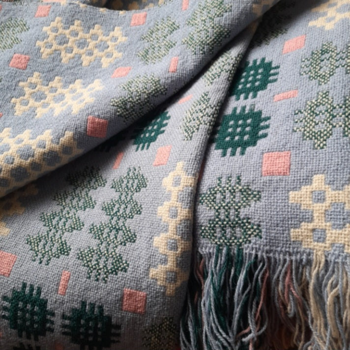 Vintage Welsh Tapestry Blanket in Pale Blue Green White & a Pop of Pink