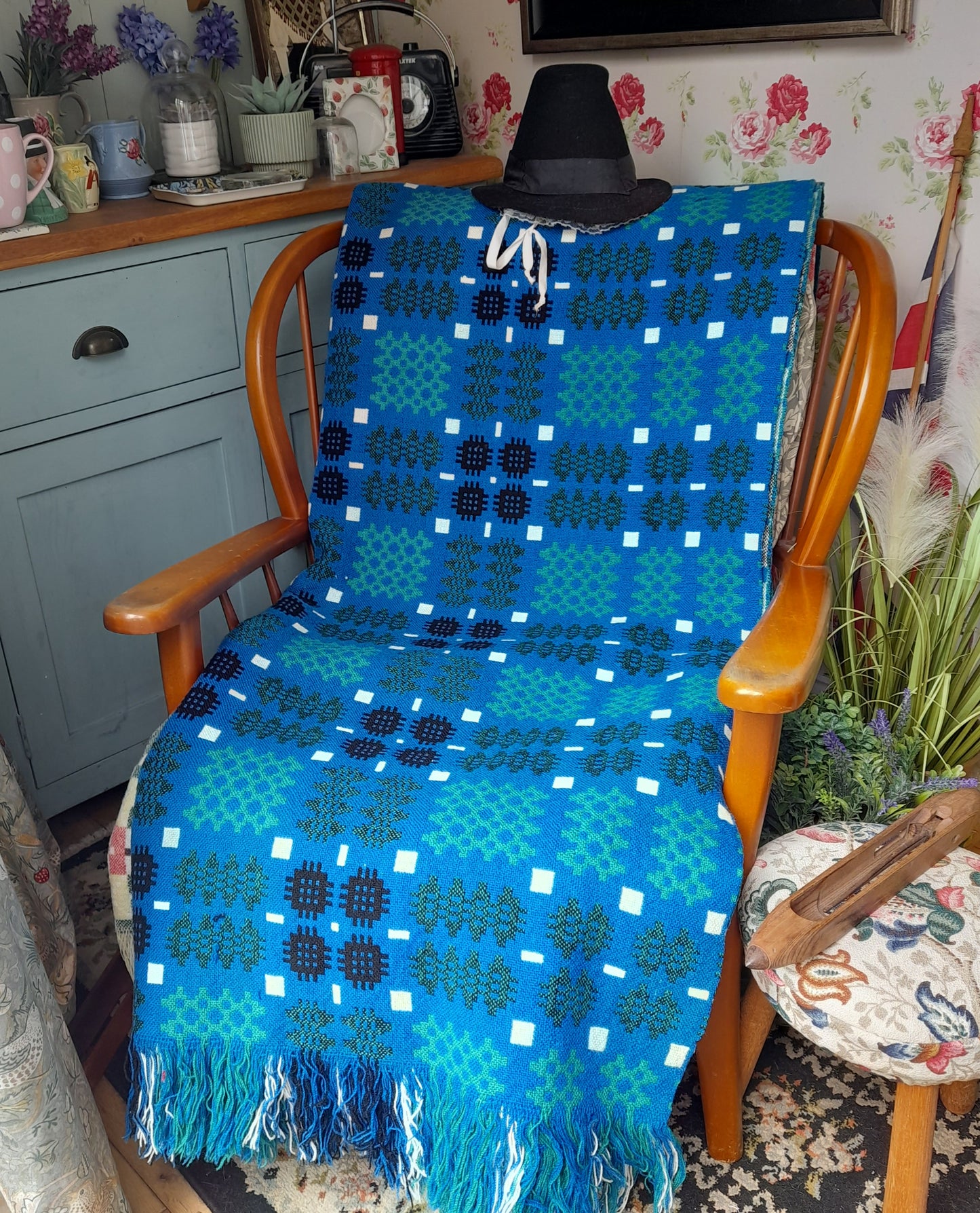 Vintage Welsh Tapestry Blanket in Cobalt Blue Green White & Black