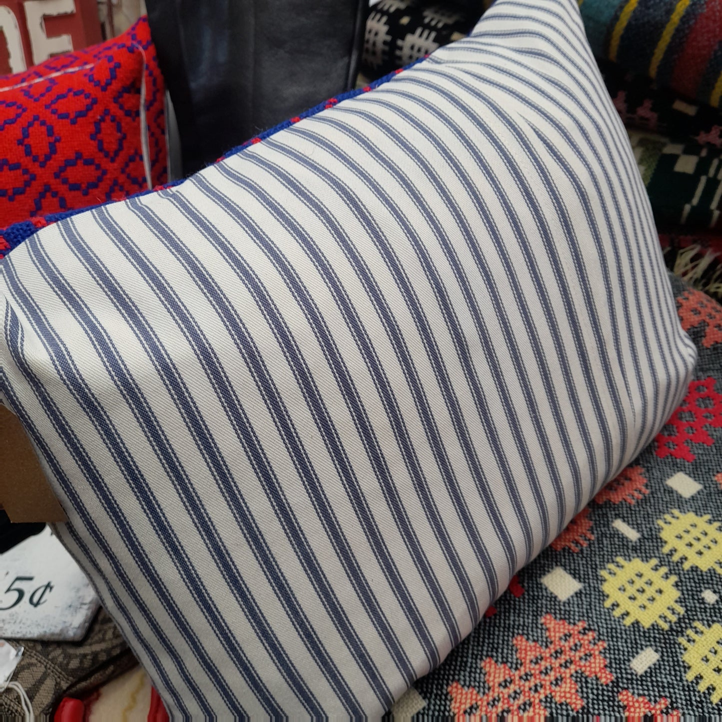 Pair of Cushions in Navy Blue & Red Handmade from Vintage Welsh Tapestry 14" x 18"