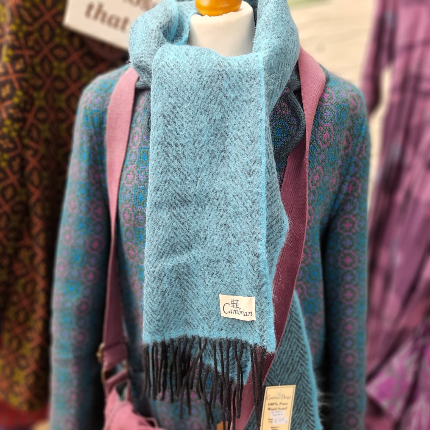 Super Soft Wool Herringbone Scarf in Aqua Teal & Black Woven in Wales
