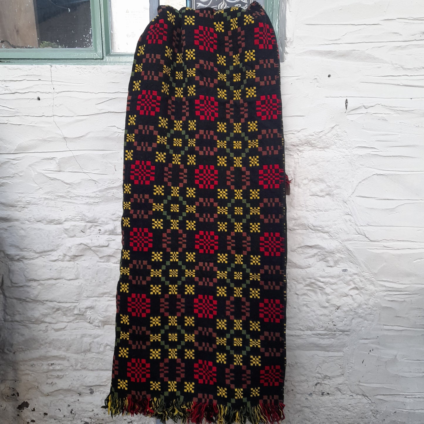 RARE Vintage Welsh Tapestry Blanket in Black, Red, Yellowy Green by Ben Jones at Alltcavan Mill King Size