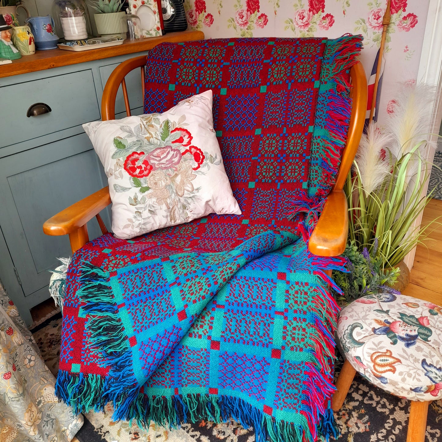 Welsh Tapestry Blanket in Reds Blues & Greens by Melin Tregwynt