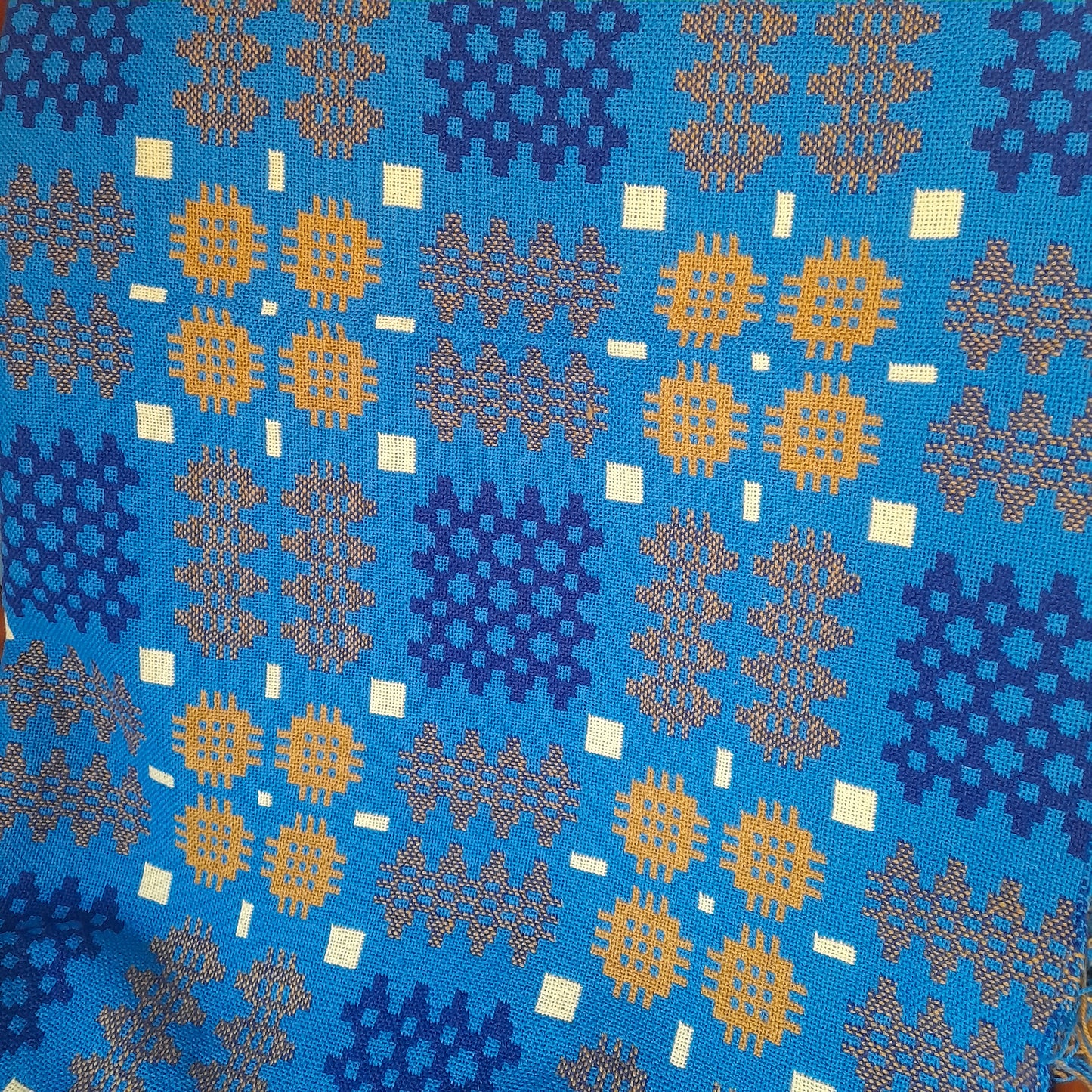 Vintage Welsh Tapestry Blanket in Bright Blue Mustard Navy & White King Size