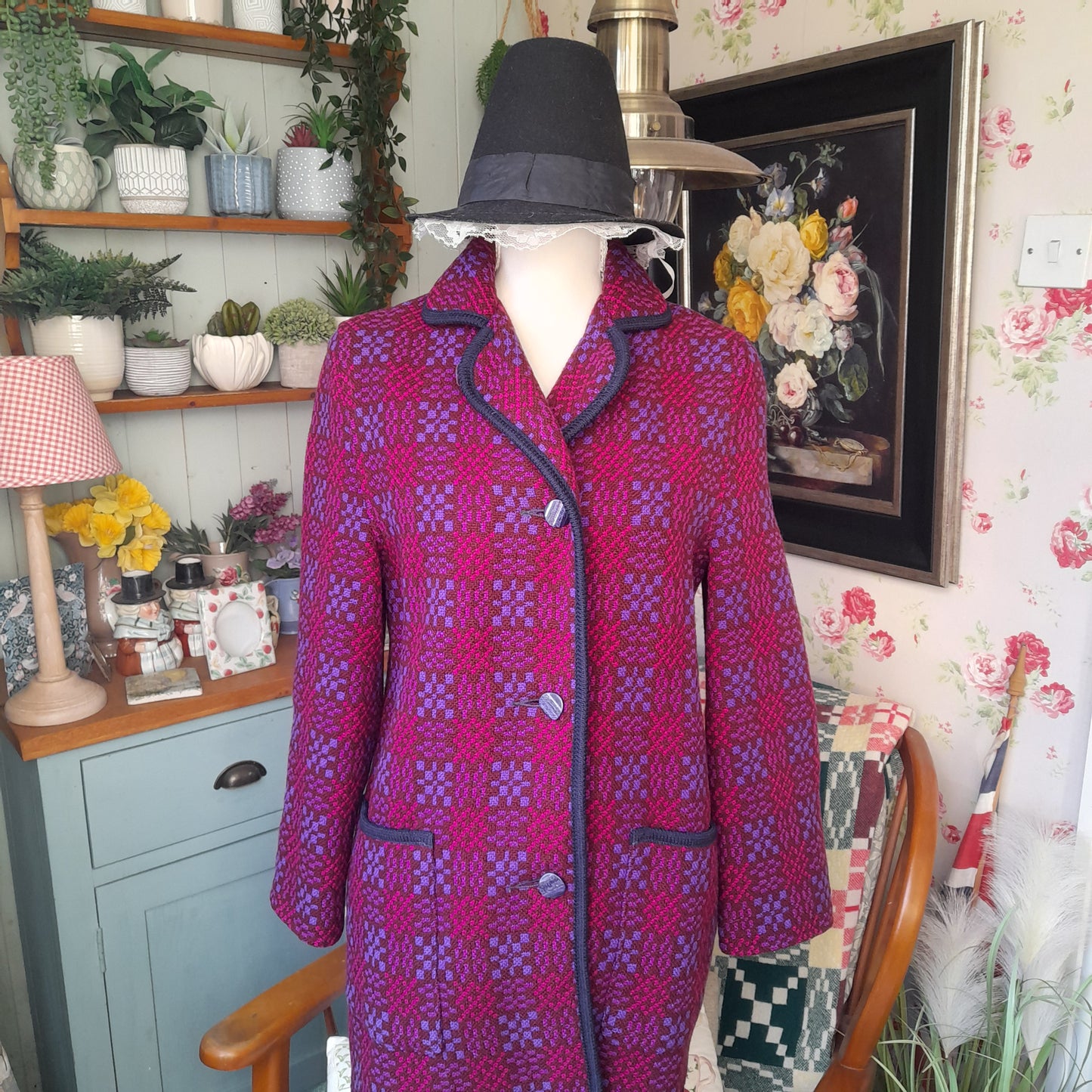 Vintage Welsh Tapestry Pea Coat in Pink & Purple Size 8/10