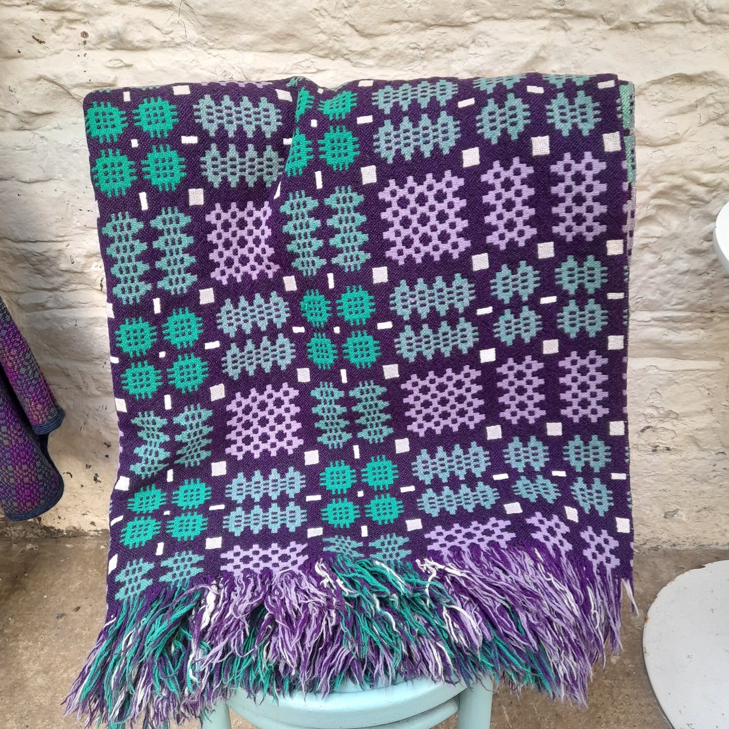 Vintage Welsh Tapestry Blanket in Purple Lilac & Teal Green King Size