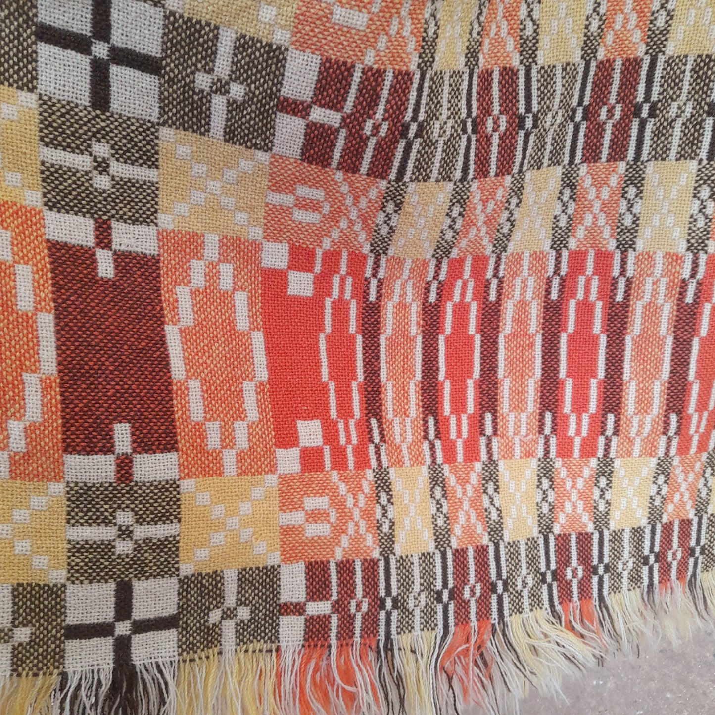 Vintage Welsh Tapestry Blanket in Orange Yellow Brown & Cream Autumn Colours