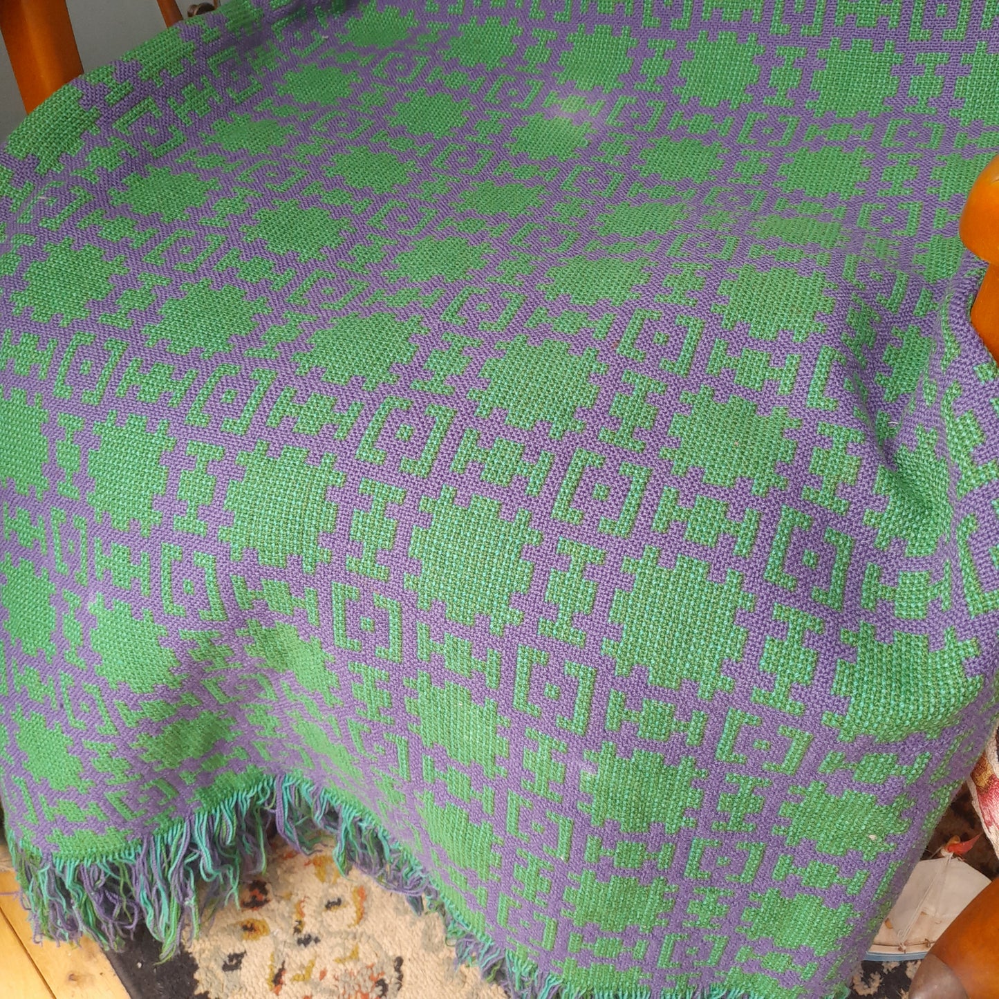 RARE Vintage Welsh Tapestry Blanket in Bright Green & Purple Woven by Arthur Morus Dolwerdd Mill