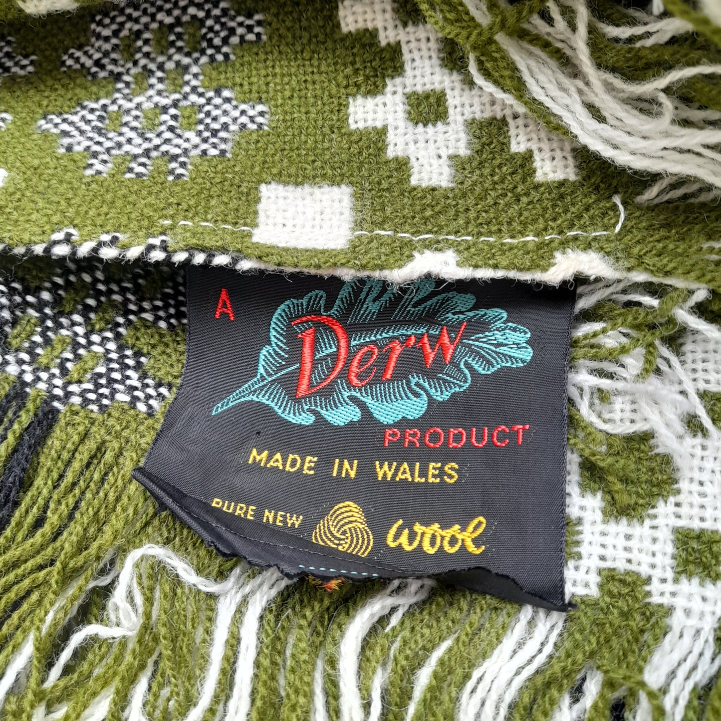 Vintage Welsh Wool Tapestry Blanket in Olive Green, Black & Off White King Size