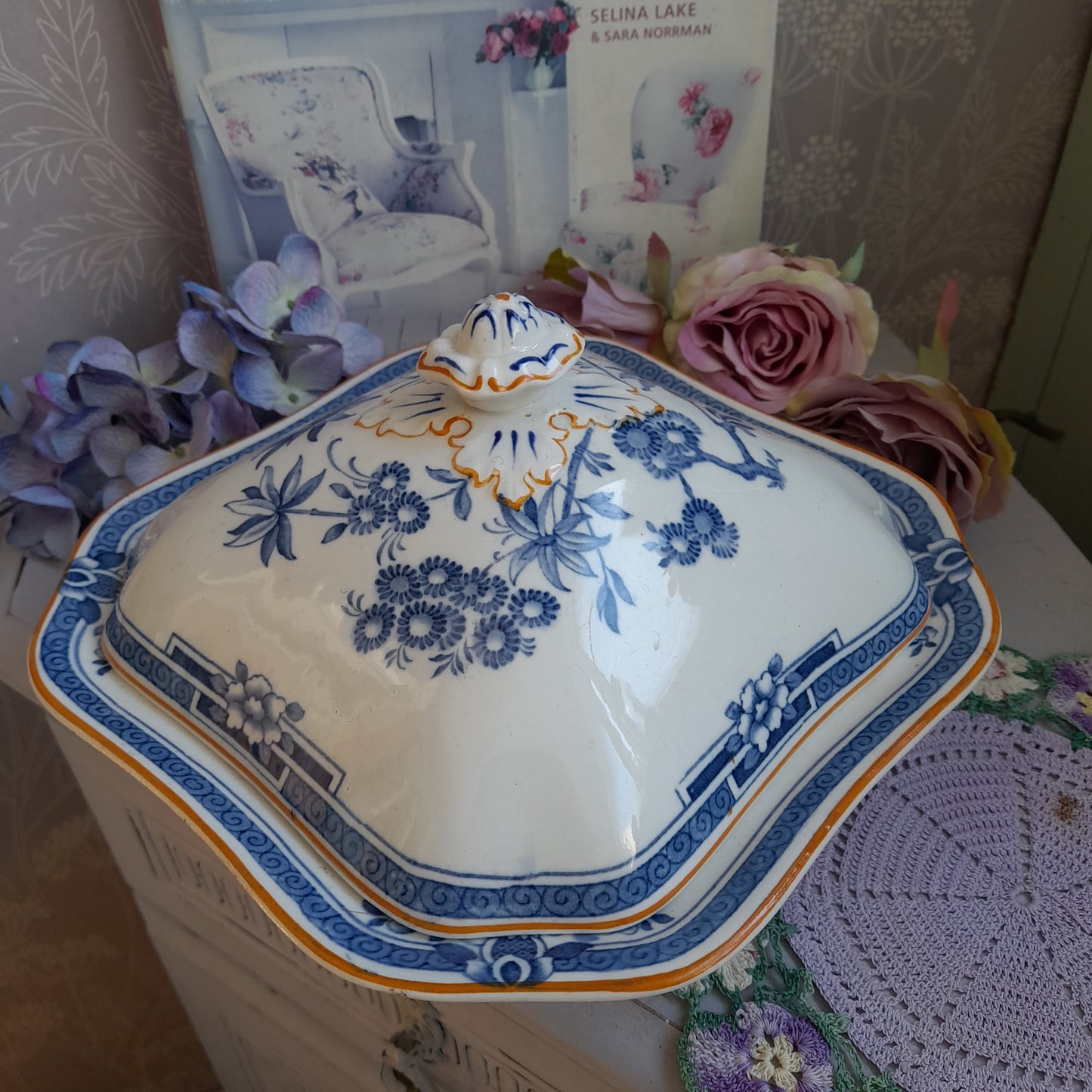 Art Deco Blue & White Square Vegetable Serving Dish with Lid in Woods Ware 'Kenya' Design