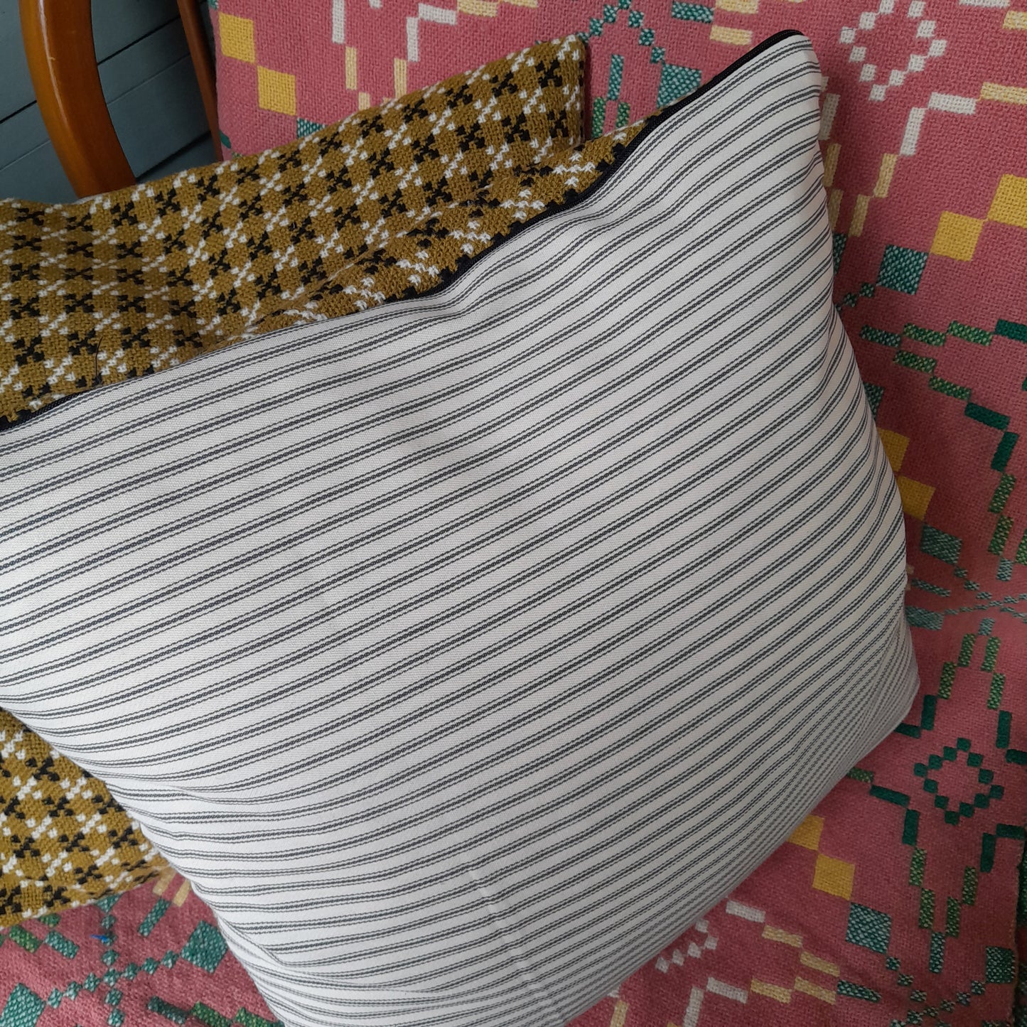 PAIR Handmade Cushions Made From Vintage Welsh Tapestry Fabric in Mustard, Black & Cream 18"