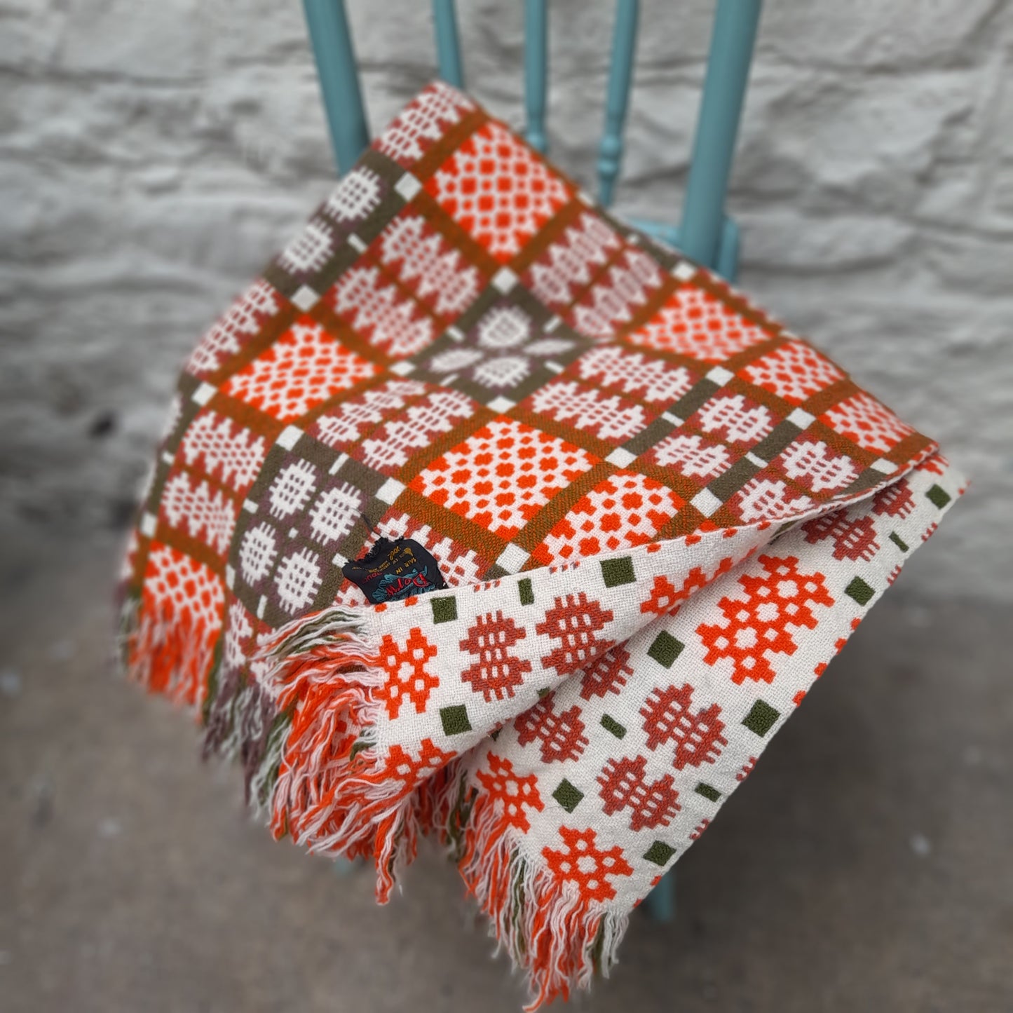 Vintage Welsh Tapestry Blanket in Cream Orange & Olive Green by Derw Mill