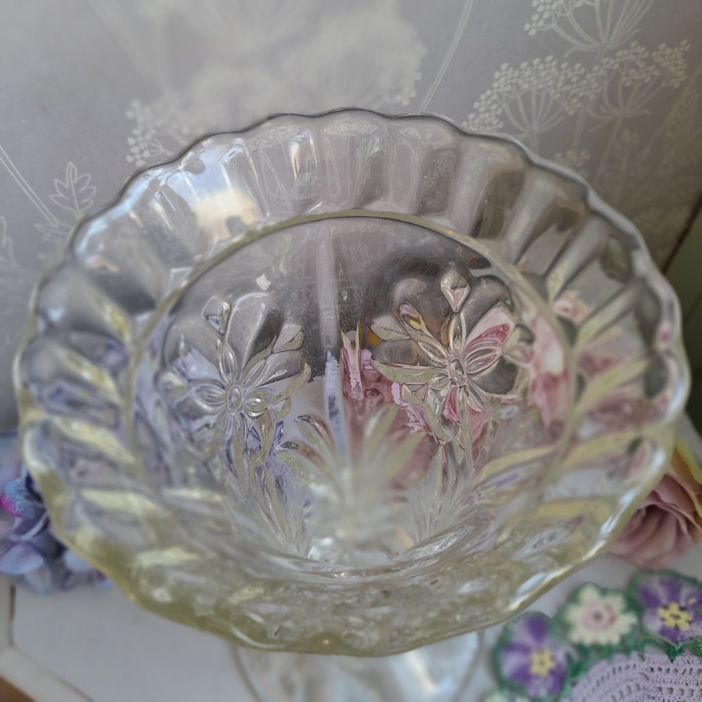Sowerby Art Deco Heavy Clear Glass Vase With Flower Design