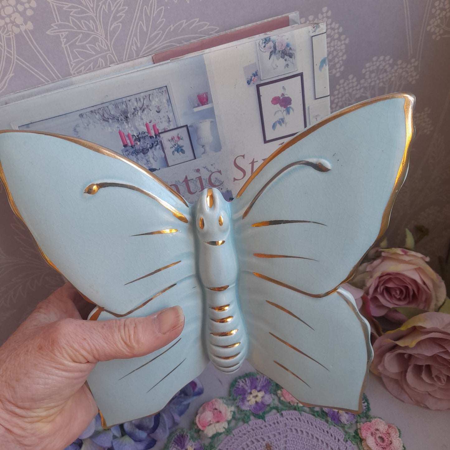 Art Deco Butterfly Wall Pocket Vase 22 kt Duck Egg Blue & Gold