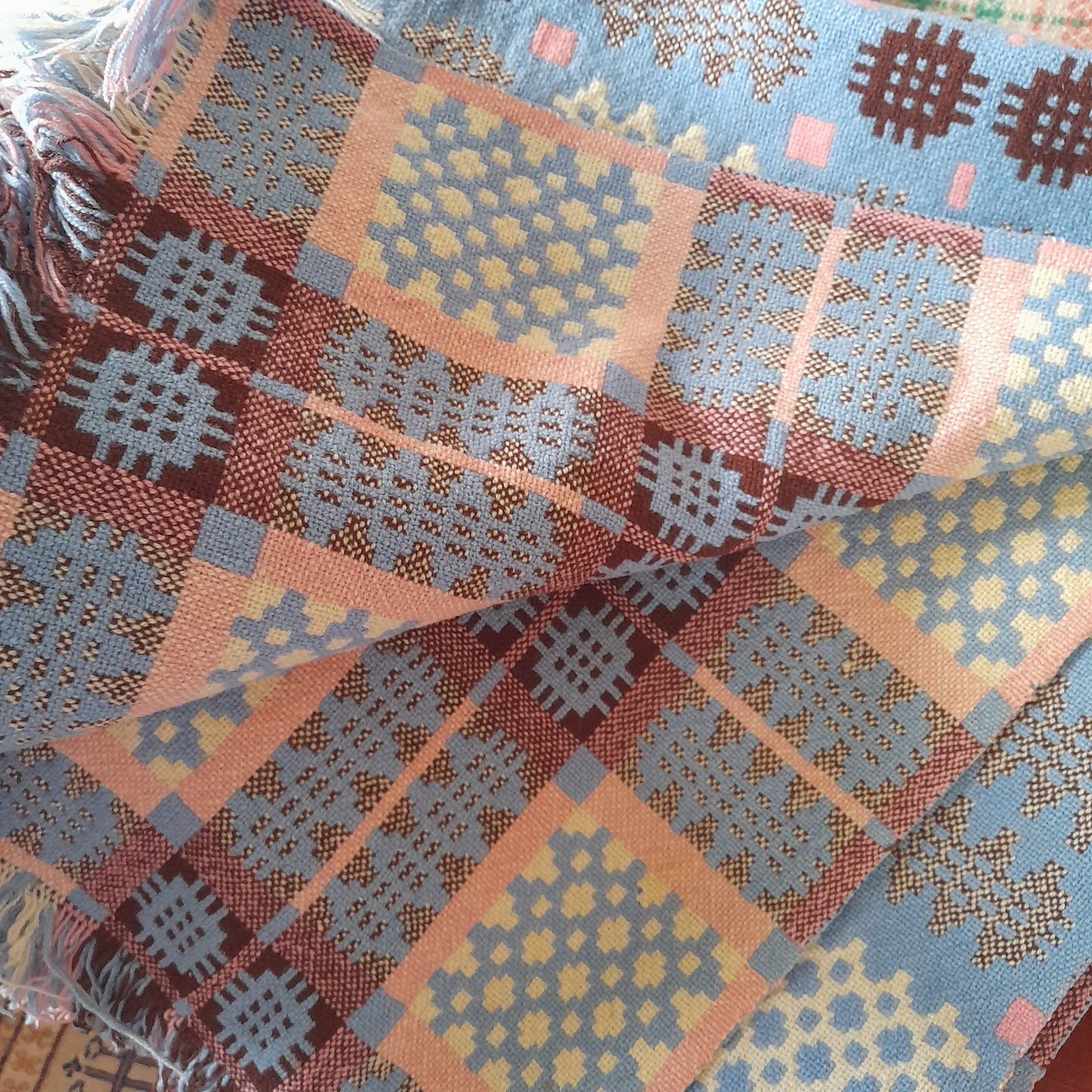 Welsh Tapestry Blanket in Pale Blue White Browny Burgundy & Pink King Size
