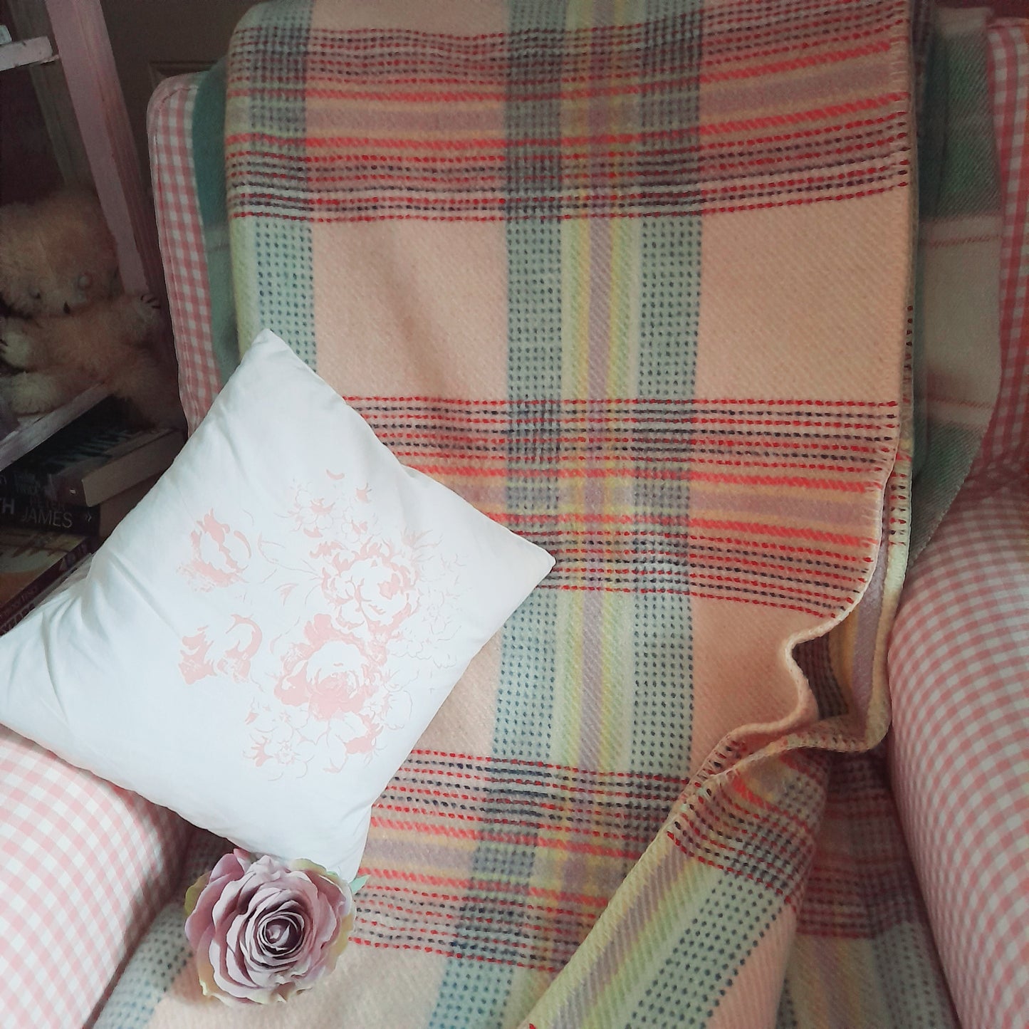 Vintage Welsh Blanket in Pretty Pastel Plaid Checks in Pink Lilac Blue & Pop of Red