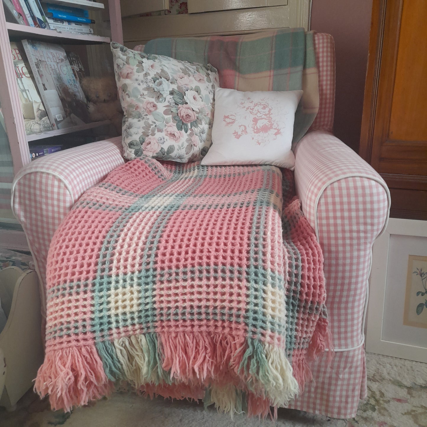 Vintage Welsh Wool Waffle Honeycomb Blanket in Pastel Pink Green & Cream Check