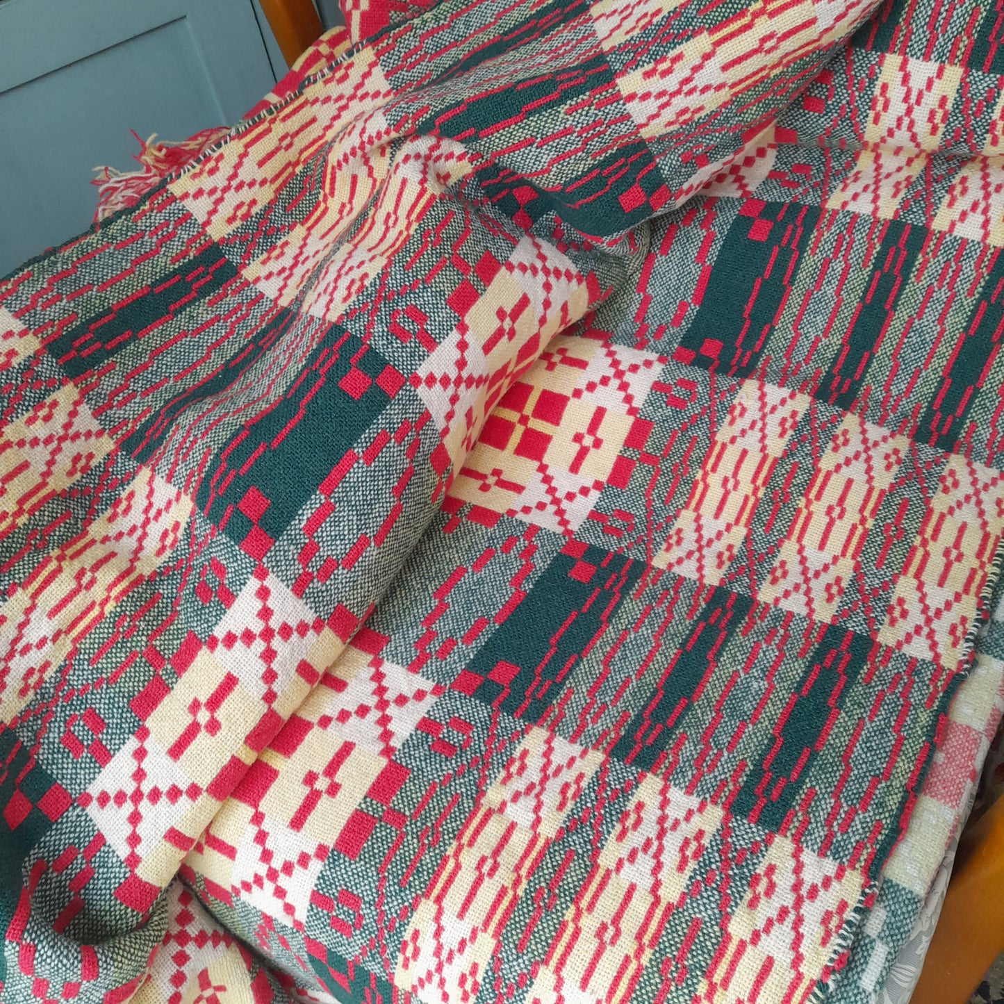 Vintage Welsh Tapestry Blanket in Raspberry Red/Pink, Emerald Green, Daffodil Yellow & Cream by Derw Mill King Size