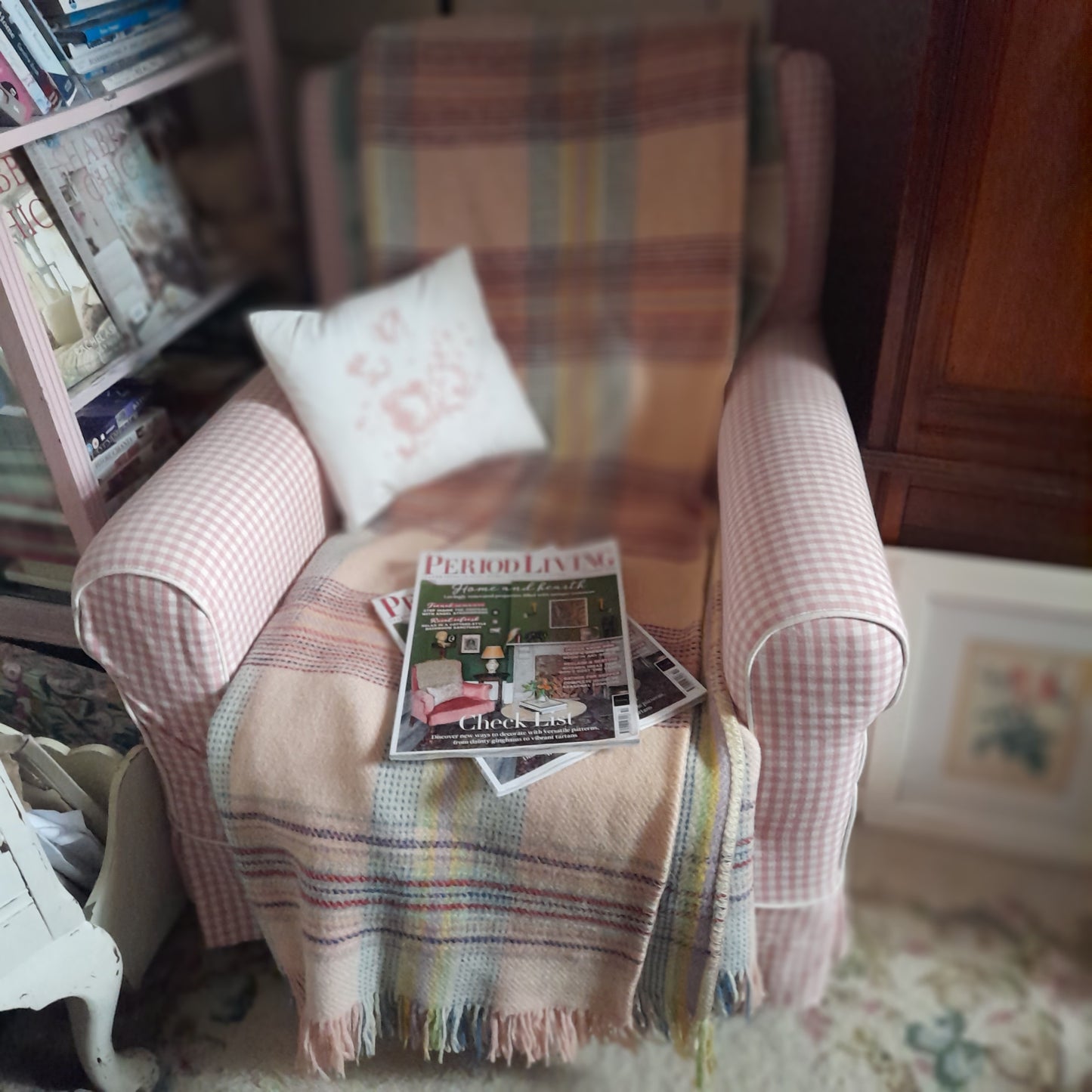 Vintage Welsh Blanket in Pretty Pastel Plaid Checks in Pink Lilac Blue & Pop of Red