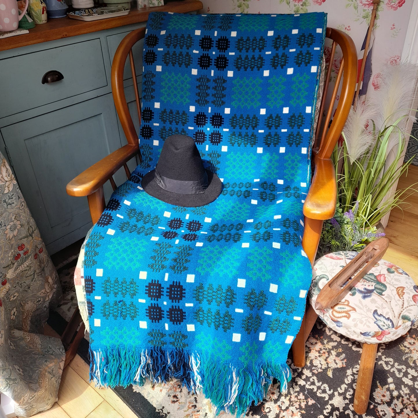 Vintage Welsh Tapestry Blanket in Cobalt Blue Green White & Black